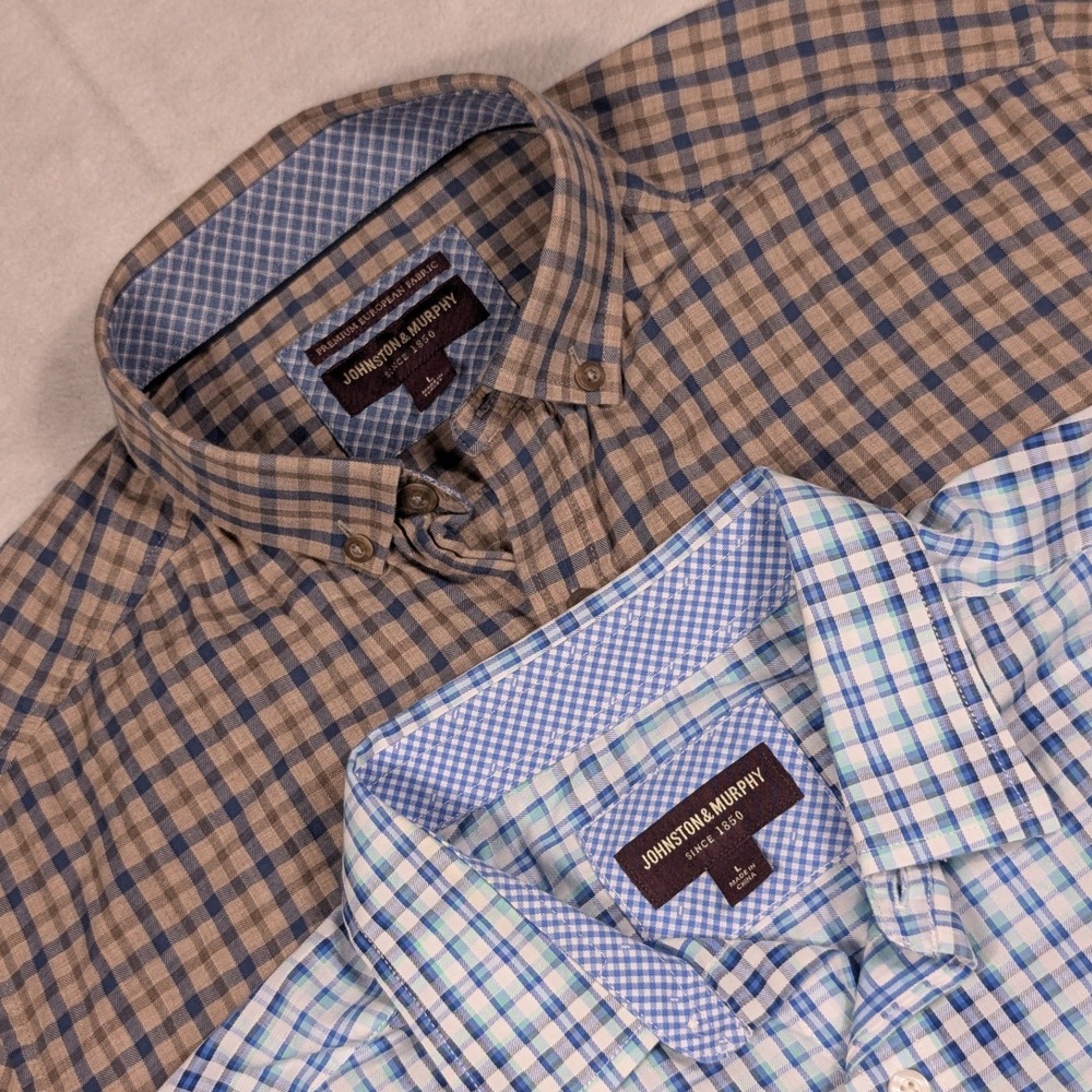 Set of 2 Johnston & Murphy Mens Cotton Button Down Shirts Plaid Gingham Large
